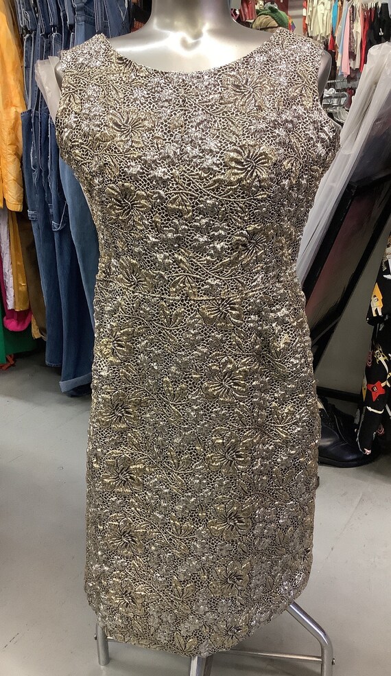 Elegant Vintage MCM GOLD and SILVER Sparkle Thread Brocade Dress Size Medium