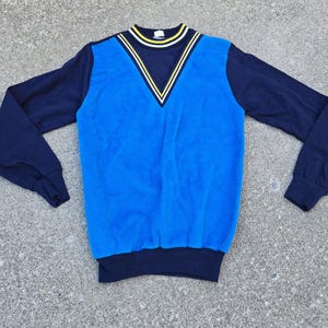 Vintage 1970s DEADSTOCK Adorable Child&#39;s BLUE V Neck pullover Made in CANADA by Spartacus in a size 18