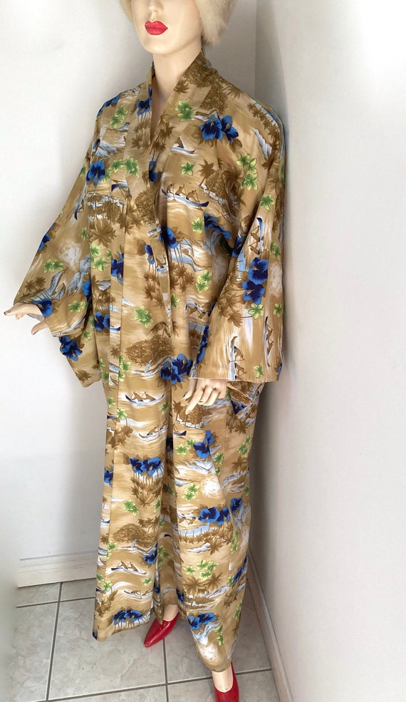 Vintage 1970s HAWAIIAN theme KIMONO robe with pal… - image 5