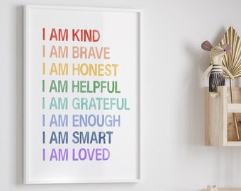 Downloadable Daily Affirmations Poster for Kids, Rainbow Positive Nursery Decor, Nursery positive wall art, Motivational Poster, DIGITAL