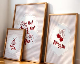 Coquette keukenprint set van 3 | Roze pastel, Mon Chéri, First Coffee, Pasta Art