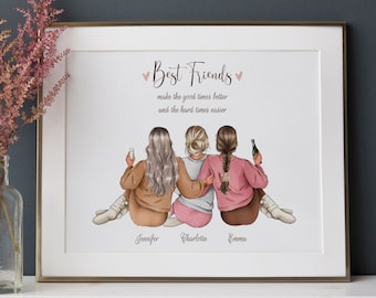Beste Freunde Personalisierter Druck, Benutzerdefinierte 3 Freunddrucke, Geschenkbild der drei besten Freunde, Schwesternillustration, BFF-Geschenk - DIGITAL
