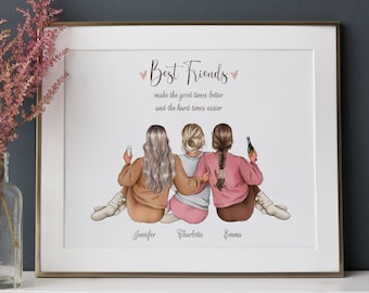 Lámina personalizada para mejores amigas, láminas personalizadas para 3 amigas, imagen de regalo para tres mejores amigas, ilustración de hermanas, regalo personalizado para mejores amigas - DIGITAL