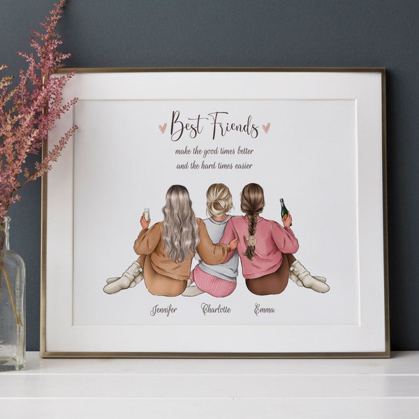 Best Friends Personalized print, Custom 3 friend prints, Three Best friends gift picture, Sisters illustration, BFF custom gift - DIGITAL