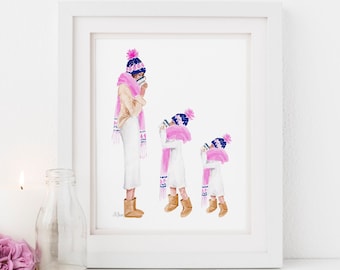 Mother and Two Daughters Art Print - Mommy and Me Illustration (Digital Download)