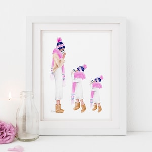 Mother and two Daughters illustration - Mommy and Me Art- Mother Daughter Coffee Milk Print - DIGITAL DOWNLOAD