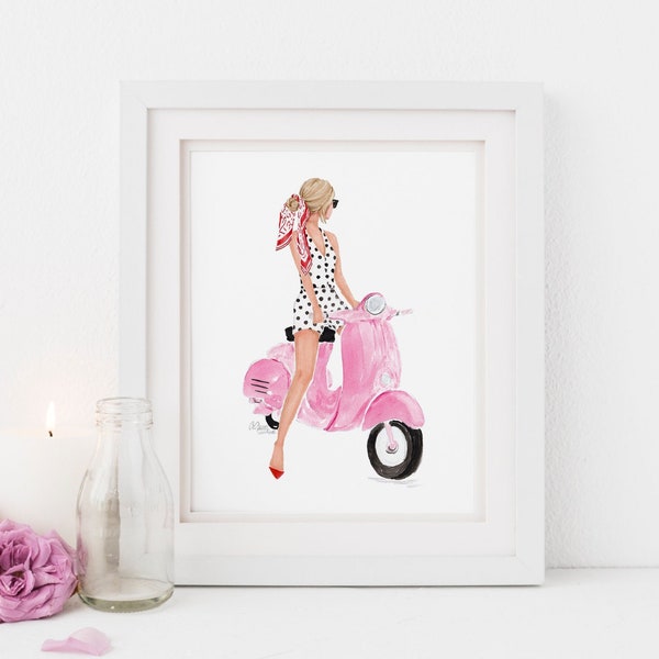 Pink Vespa Illustration - Summer illustration - Polka Dot illustration - DIGITAL DOWNLOAD