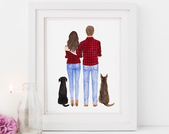 Personalized Couple illustration print, Couple with dog printable art, Couple with pet print art - Family present print - DIGITAL DOWNLOAD