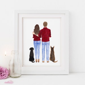 Personalized Couple illustration print, Couple with dog printable art, Couple with pet print art - Family present print - DIGITAL DOWNLOAD