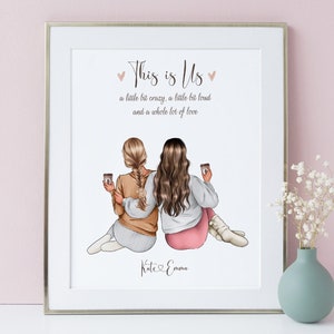 Custom Best Friends With Drinks Print | Personalized BFF Sitting Portrait, Gift for Bestie