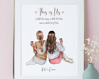 Aangepaste beste vrienden met drankjes print | Gepersonaliseerde BFF zittend portret, cadeau voor bestie