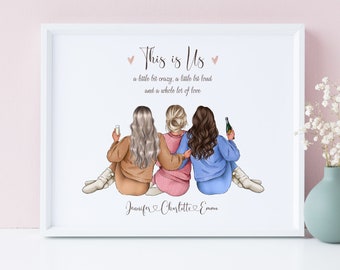 Gepersonaliseerde beste vrienden-print, aangepaste groep van drie, verjaardagscadeau voor bestie