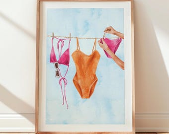 Badpak waslijn aquarelprint | Zomer strandmode-illustratie, kustmuurkunst