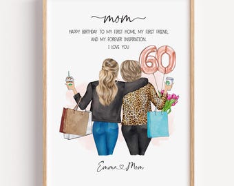 Gepersonaliseerde moeder verjaardag print | Aangepast moeder-dochterportret, 40e 50e 60e cadeau voor moeder