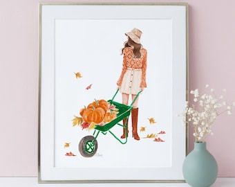 Pumpkin Patch Watercolor Illustration – Fall Fashion Art (Digital Download)
