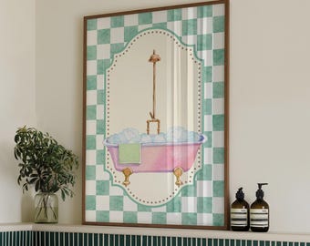 Roze badkuip aquarelprint | Geruite badkamermuurkunst, preppy spa-decor