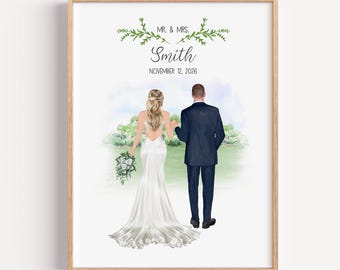 Gepersonaliseerd huwelijksportret, aangepast cadeau meneer en mevrouw, illustratie bruid en bruidegom, aandenken huwelijksverjaardag