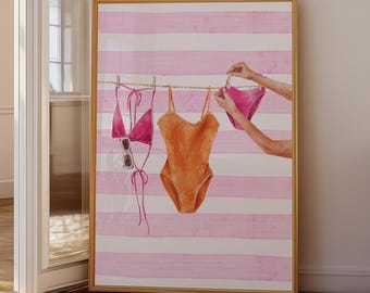Roze gestreept badpak met waslijnprint | Zomerstrandmodekunst, kustmuurdecoratie