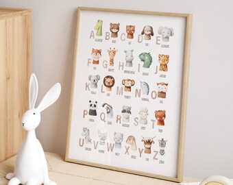Alfabeto degli animali ad acquerello stampabile, lettere degli animali per imparare e giocare con i bambini, poster ABC per la cameretta dei bambini, l'asilo nido, la decorazione dell'aula, DIGITALE