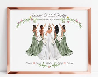 Gepersonaliseerde afdruk bruidsfeest, illustratie aangepaste bruidsmeisjes, cadeaukaart bruiloft bruid, DIGITAAL