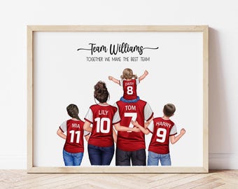 Aangepast familieportret voetbal, gepersonaliseerde jerseykunst, Vaderdagcadeau