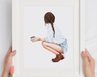 Coffee Girl Fashion Illustration, Coffee Lover Print Art, Coffee printable, Girl with Coffee, Coffee poster, DIGITAL DOWNLOAD