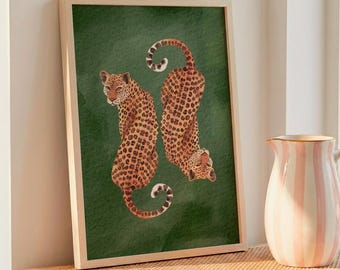 Aquarel duo luipaardprint | Groene junglekat muurkunst, eclectisch maximalistisch decor