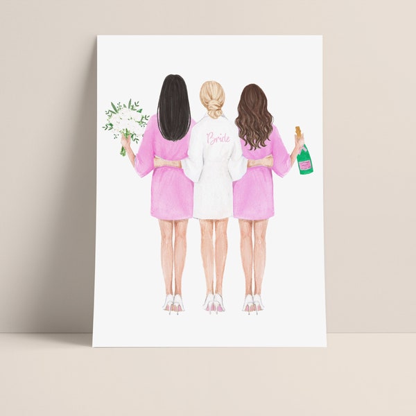 Bride and Bridesmaid Personalized print, Will you be my bridesmaid Print, Bridesmaid Illustration Card, Robe Bridesmaid - DIGITAL DOWNLOAD