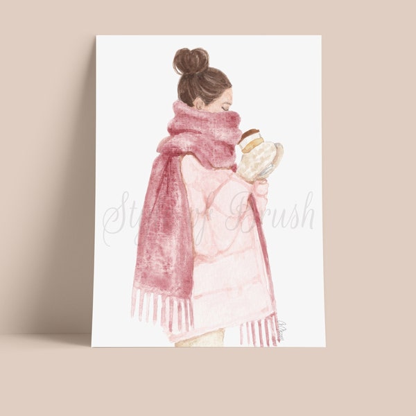 Big Scarf fashion illustration - Pink Scarf illustration - Winter Fashion Girl Art - DIGITAL DOWNLOAD
