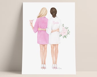 Bride and Bridesmaid Personalized print, Will you be my bridesmaid Print, Bridesmaid Illustration Card, Robe Bridesmaid - DIGITAL DOWNLOAD