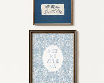 Muurkunstset kust | Blauwe damast strandprint | Illustratie palmboom