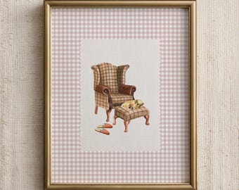 Geruite fauteuil met hondenprint | Cosy Home-illustratie roze gingang, vintage muurkunst