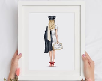 Graduation Girl Print | Blonde Grad Illustration, Class of 2026 Gift for Her