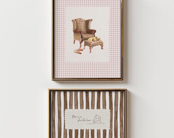 Cosy Home-print, set van 2 | Geruite fauteuil hond illustratie, roze gingang muurkunst