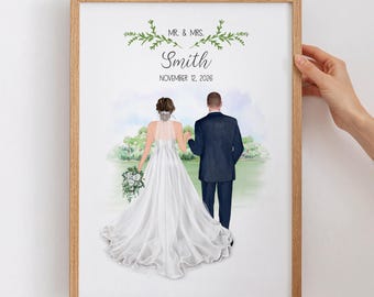 Aangepaste portretafdruk voor stel | Illustratie gepersonaliseerd huwelijkscadeau, aandenken jubileum, illustratie bruid bruidegom