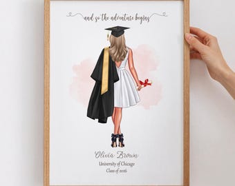 Gepersonaliseerd afstudeerportret, aangepaste diplomaillustratie, cadeau klas 2026, afdruk universiteitsgraad