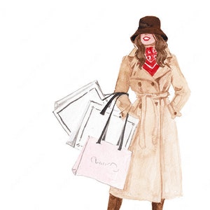 Op de afbeelding: Een aquarel-illustratie van een vrouw die een beige trenchcoat, een rode bandana en een bruine hoed draagt. Ze draagt meerdere tassen, waaronder een roze met een logo.