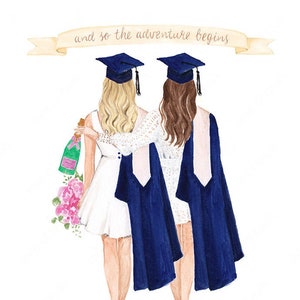 Impressão de formatura de melhor amigo - Presente artístico de dia de formatura - BFF Graduation girl - Ilustração de moda - DOWNLOAD DIGITAL