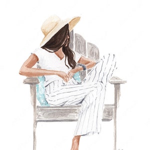 May include: A watercolor illustration of a person sitting in a wooden chair wearing a white shirt, striped pants, and a straw hat.