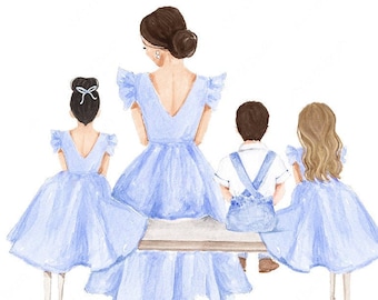 Mother Daughters Son illustration - Mommy and Me - Mother and Children Print - Fashion illustration - DIGITAL DOWNLOAD