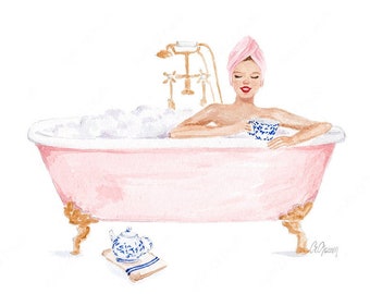 Pink Bathtub Watercolor Print – Spa Illustration (Digital Download)