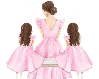 Mother and Two Daughters illustration - Mother's Day Gift - Mom Daughters Art - DIGITAL DOWNLOAD