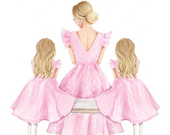 Mother and Two Daughters illustration - Blonde Mommy and Me - Mother and Daughters Print - Fashion illustration - DIGITAL DOWNLOAD