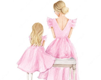 Mother and Daughter Fashion Print | Blonde Mommy and Me Illustration, Mom Gift