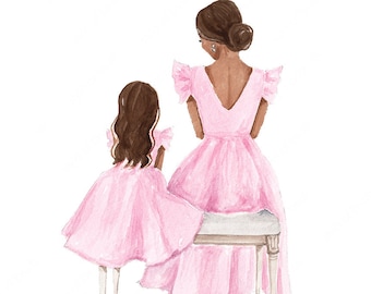 Mother Daughter Fashion Illustration – Pink Dresses Art Print (Digital Download)