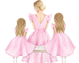 Mother and Two Daughters Print – Blonde Mommy and Me Illustration (Digital Download)