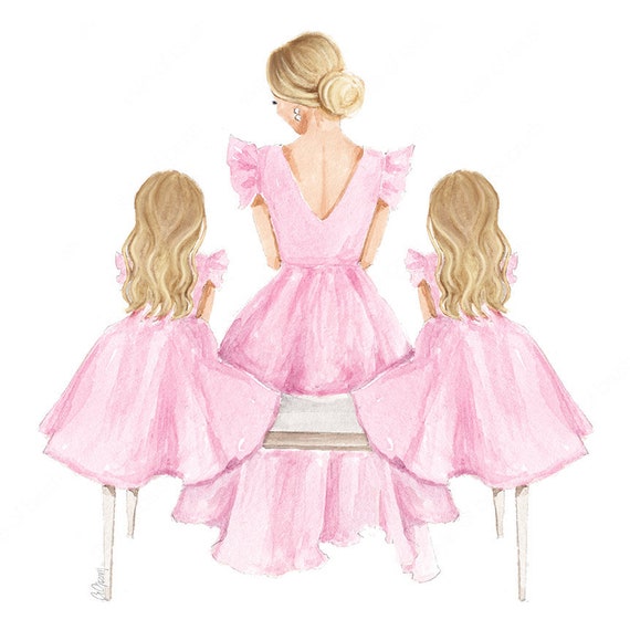 Mother and Two Daughters Illustration Blonde Mommy and Me 