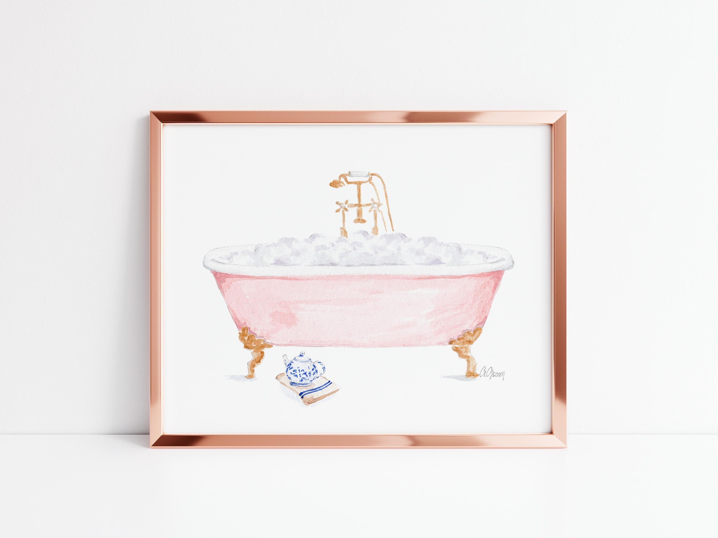 ピンクの猫足バスタブの水彩画プリント｜バスルームの壁アート｜泡風呂