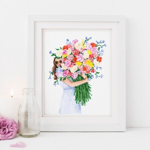 May include: A watercolor painting of a person holding a large bouquet of colorful flowers. The flowers are pink, red, yellow, white, and blue. The person is wearing a light blue dress and sunglasses.