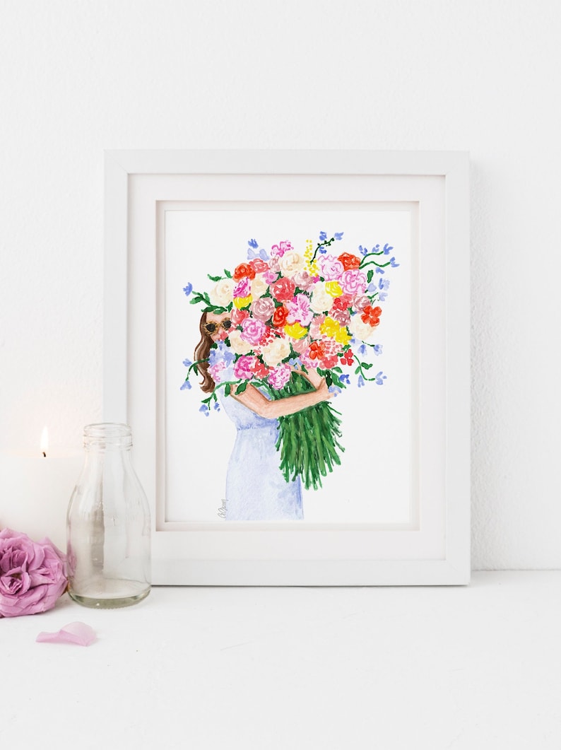 May include: A watercolor painting of a person holding a large bouquet of colorful flowers. The flowers are pink, red, yellow, white, and blue. The person is wearing a light blue dress and sunglasses.